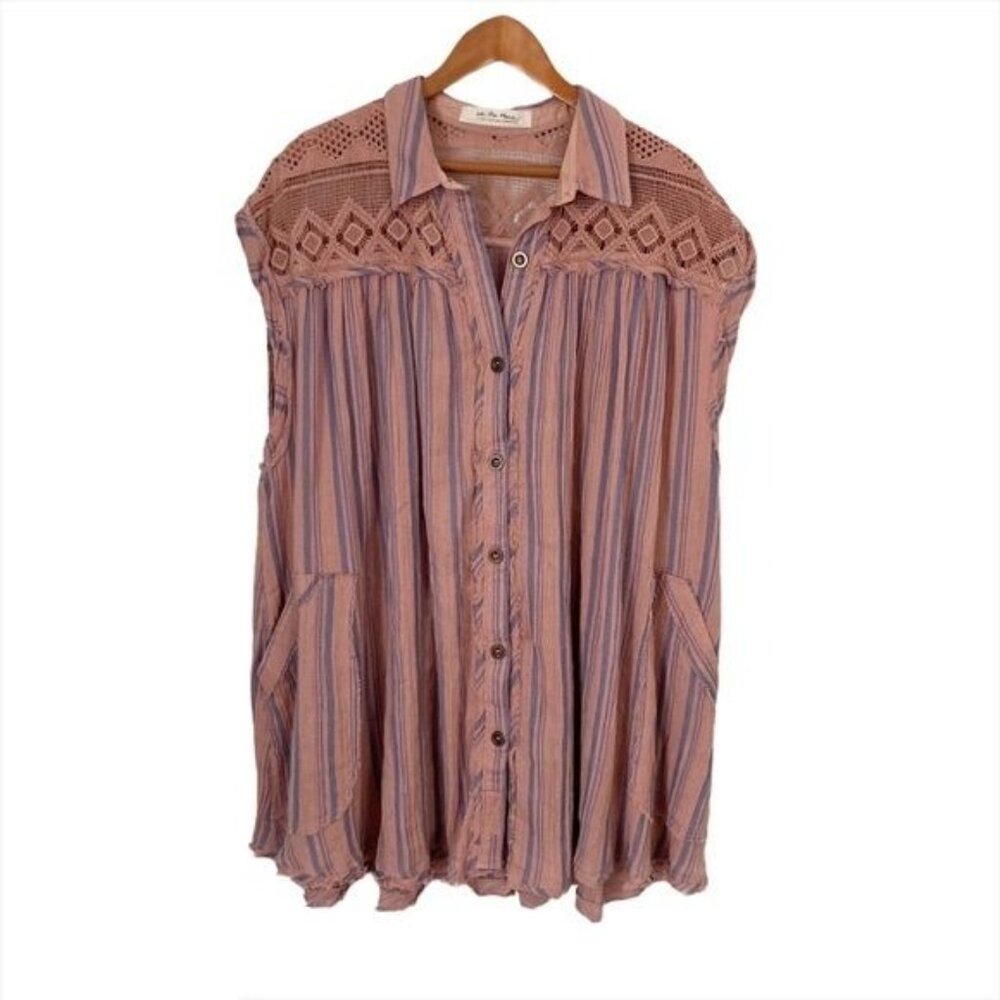 Free People Striped Crochet Yoke Tunic in Mauve and Lavender